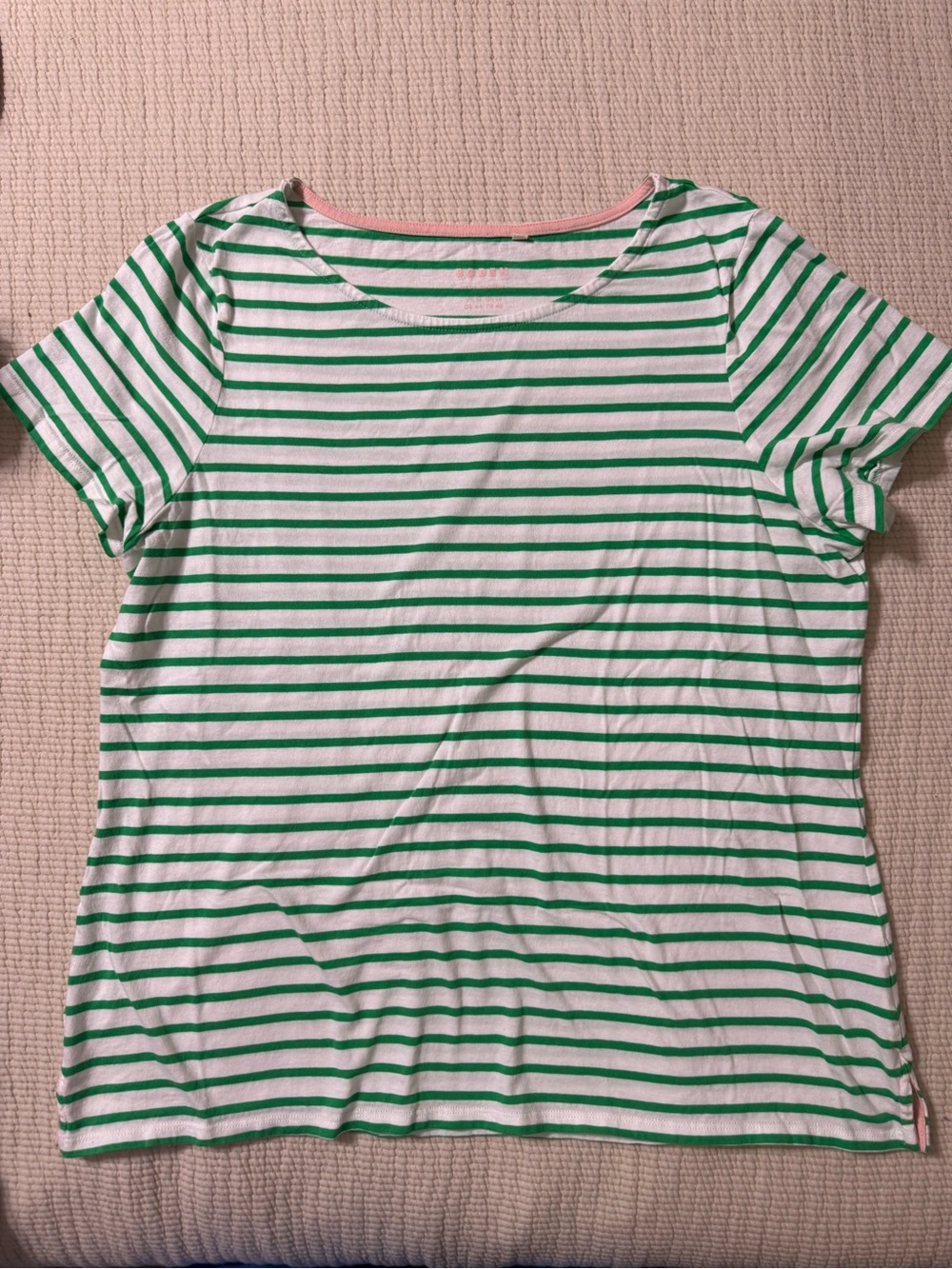 Boden Green and White Striped Short Sleeve Tee with Pink Trim| Size 14